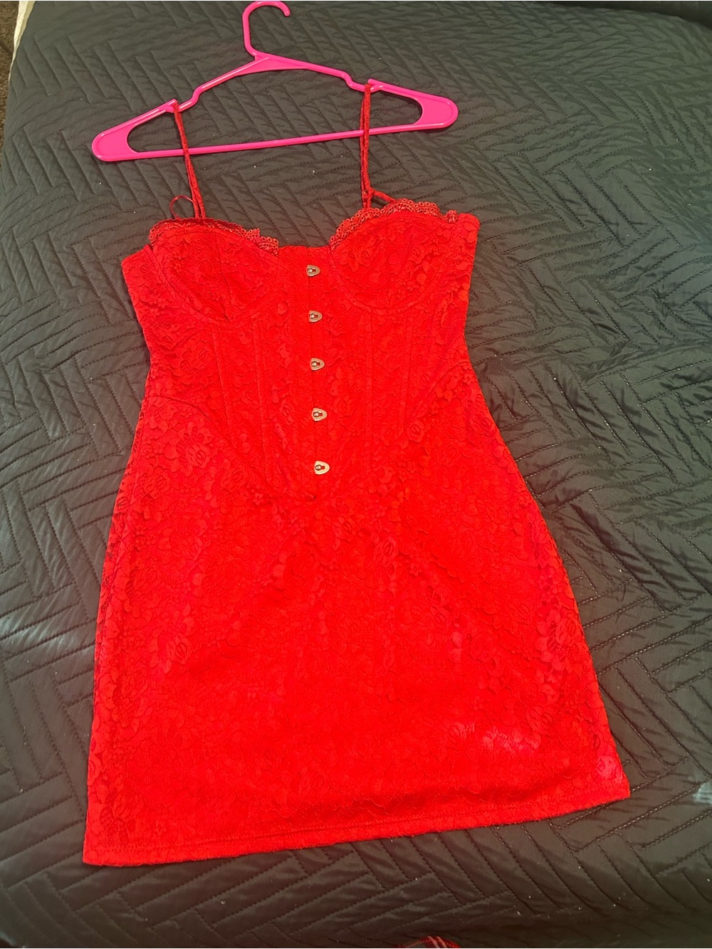 Fashion Nova Red Lace Button-Front Spaghetti Strap Mini Dress